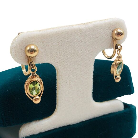 VTG 14k Gold Plated Dangle Earrings Green Zircon December Birthstone Clip-on - Picture 2 of 12